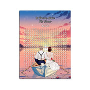 Personalized wedding word search canvas with a bride and groom holding champagne in a bow-decorated rowboat at sunset, custom circled words and heartbeat monogram initials above the grid — LOVECOUPLET