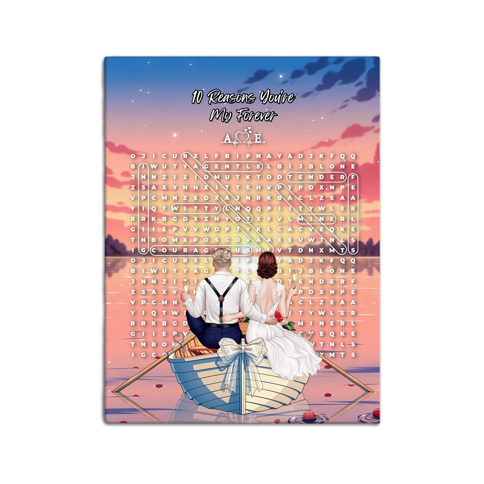 Personalized wedding word search canvas with a bride and groom holding champagne in a bow-decorated rowboat at sunset, custom circled words and heartbeat monogram initials above the grid — LOVECOUPLET
