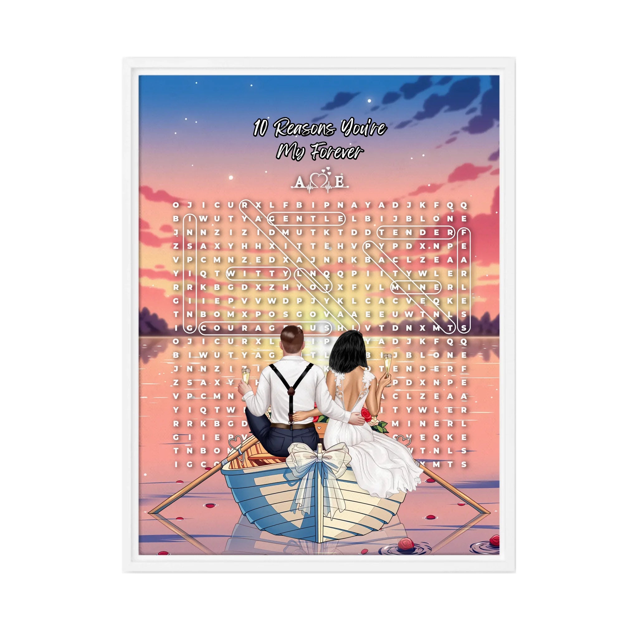 Personalized wedding word search framed canvas with a bride and groom holding champagne in a bow-decorated rowboat at sunset, custom circled words and heartbeat monogram initials above the grid — LOVECOUPLET