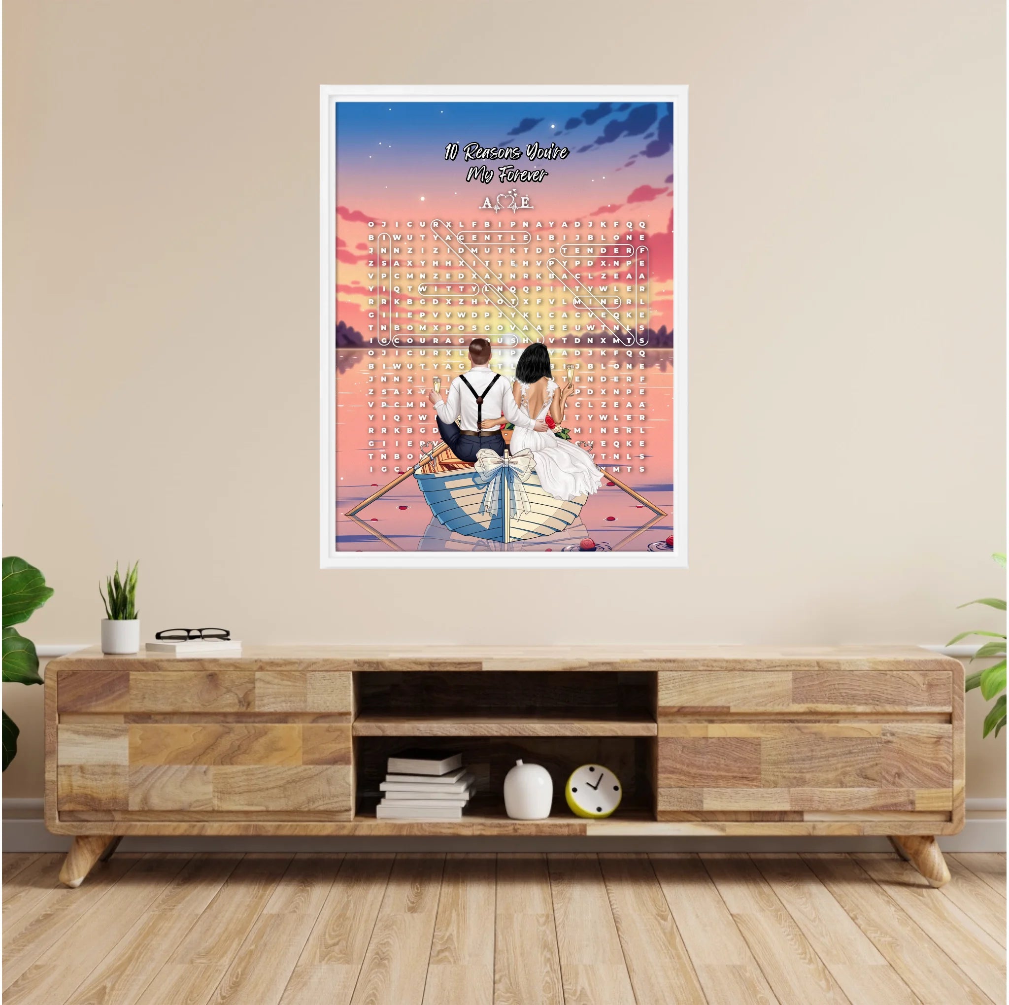Personalized wedding word search framed canvas with a bride and groom holding champagne in a bow-decorated rowboat at sunset, custom circled words and heartbeat monogram initials above the grid — LOVECOUPLET