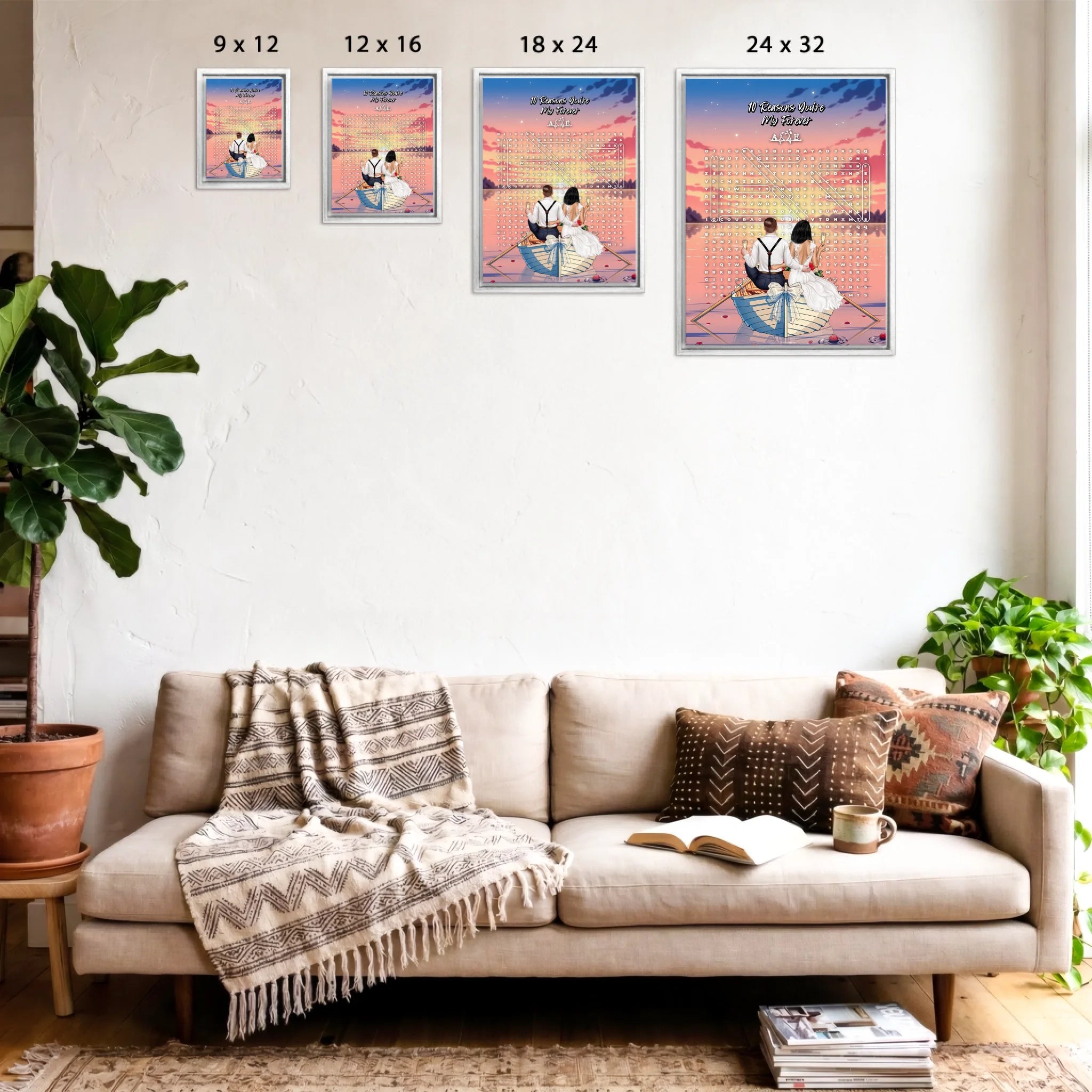 Personalized wedding word search framed canvas with a bride and groom holding champagne in a bow-decorated rowboat at sunset, custom circled words and heartbeat monogram initials above the grid — LOVECOUPLET