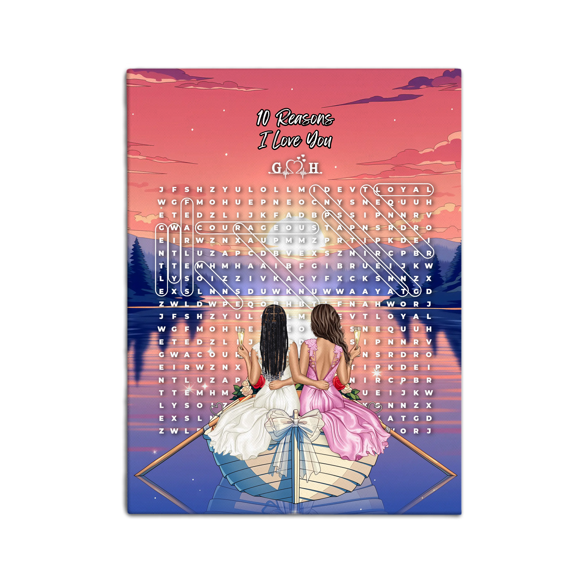 Personalized lesbian wedding word search canvas with two brides holding champagne in a bow-decorated rowboat at sunset, custom circled words and heartbeat monogram initials above the grid — LOVECOUPLET