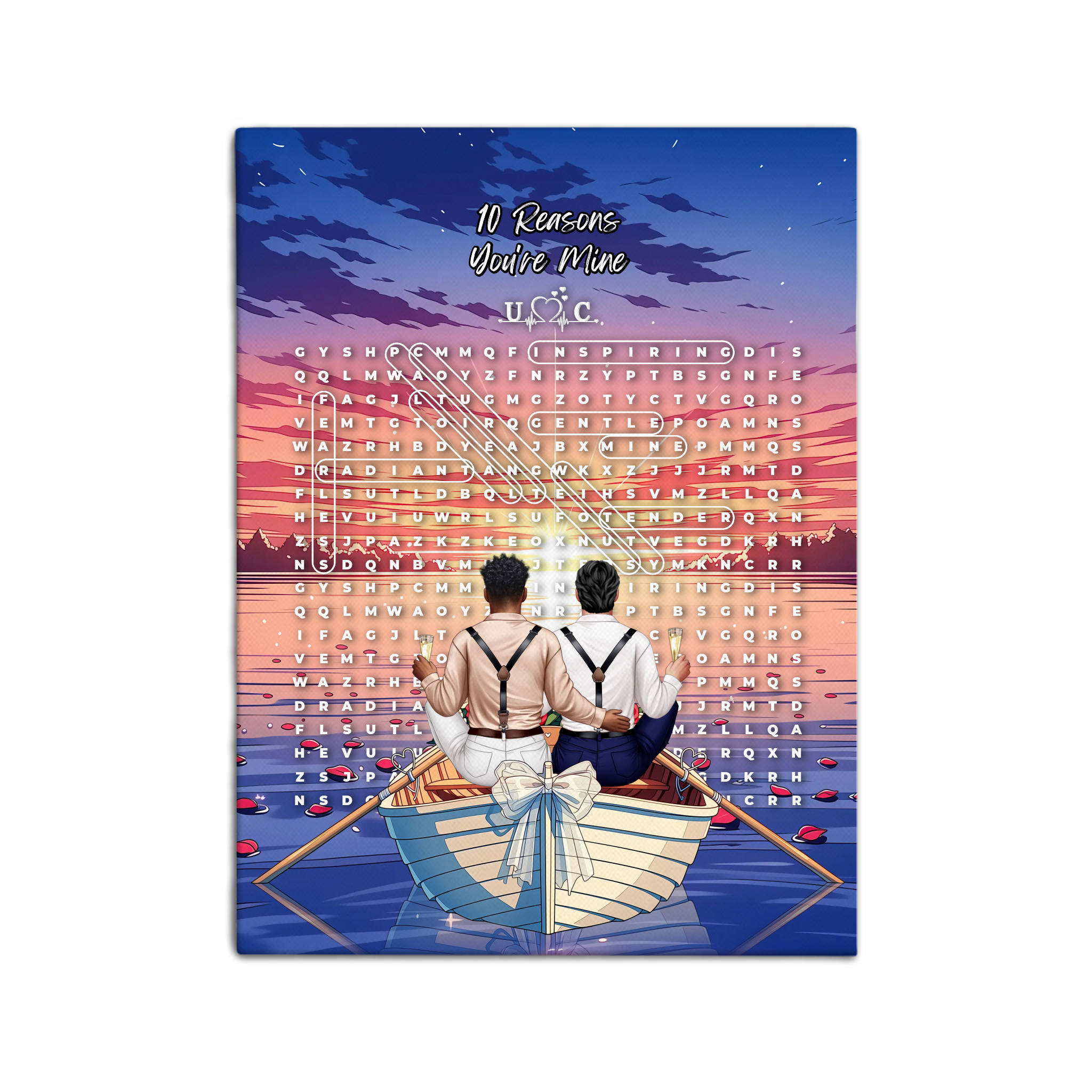 Personalized gay wedding word search canvas with two grooms holding champagne in a bow-decorated rowboat at sunset, custom circled words and heartbeat monogram initials above the grid — LOVECOUPLET
