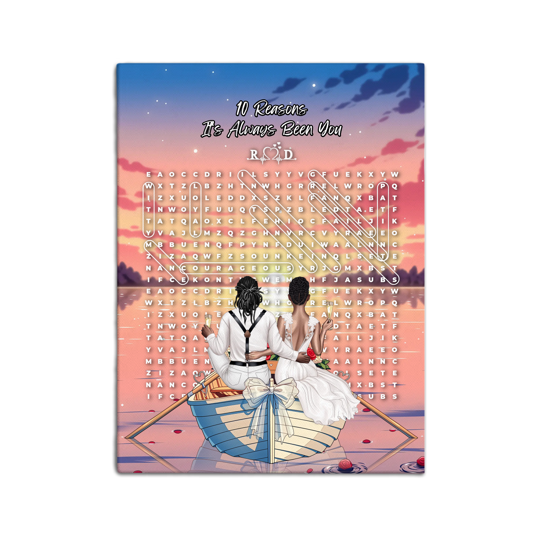 Personalized wedding word search canvas with a bride and groom holding champagne in a bow-decorated rowboat at sunset, custom circled words and heartbeat monogram initials above the grid — LOVECOUPLET