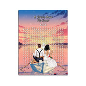 Personalized wedding word search canvas with a bride and groom holding champagne in a bow-decorated rowboat at sunset, custom circled words and heartbeat monogram initials above the grid — LOVECOUPLET