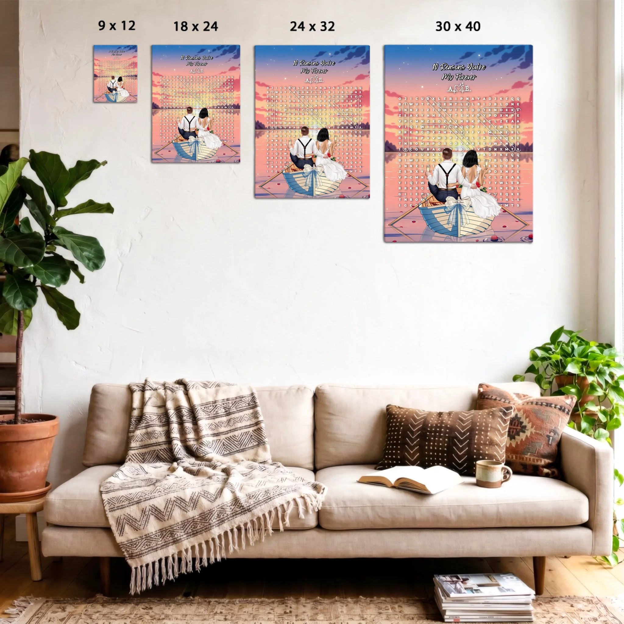 Personalized wedding word search canvas with a bride and groom holding champagne in a bow-decorated rowboat at sunset, custom circled words and heartbeat monogram initials above the grid — LOVECOUPLET