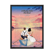Personalized wedding word search framed canvas with a bride and groom holding champagne in a bow-decorated rowboat at sunset, custom circled words and heartbeat monogram initials above the grid — LOVECOUPLET