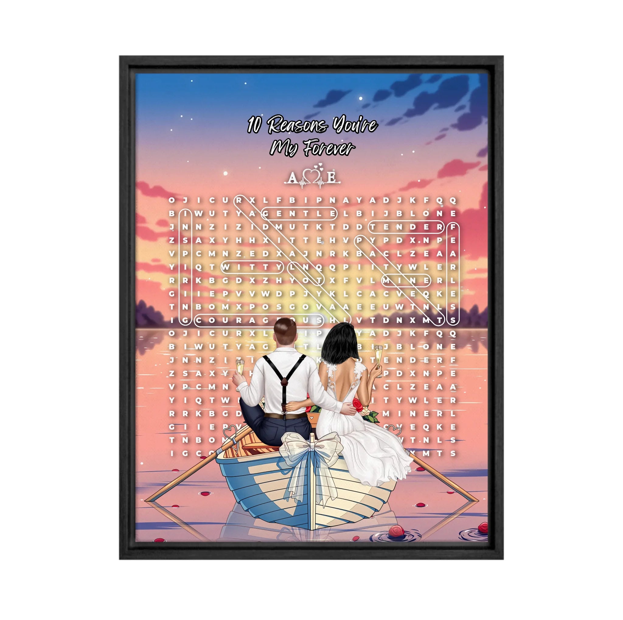 Personalized wedding word search framed canvas with a bride and groom holding champagne in a bow-decorated rowboat at sunset, custom circled words and heartbeat monogram initials above the grid — LOVECOUPLET