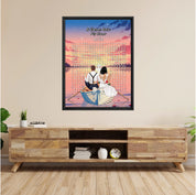 Personalized wedding word search framed canvas with a bride and groom holding champagne in a bow-decorated rowboat at sunset, custom circled words and heartbeat monogram initials above the grid — LOVECOUPLET
