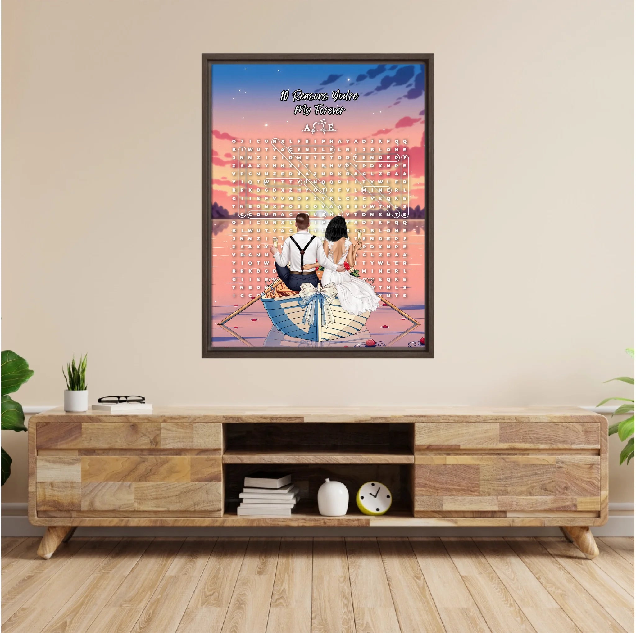 Personalized wedding word search framed canvas with a bride and groom holding champagne in a bow-decorated rowboat at sunset, custom circled words and heartbeat monogram initials above the grid — LOVECOUPLET