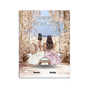 Personalized lesbian couple wedding canvas of two people sitting together on a garden swing beneath soft blooming flowers, with a custom romantic quote above them and their names displayed at the bottom — LOVECOUPLET