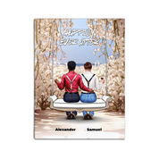 Personalized gay couple wedding canvas of two people sitting together on a garden swing beneath soft blooming flowers, with a custom romantic quote above them and their names displayed at the bottom — LOVECOUPLET