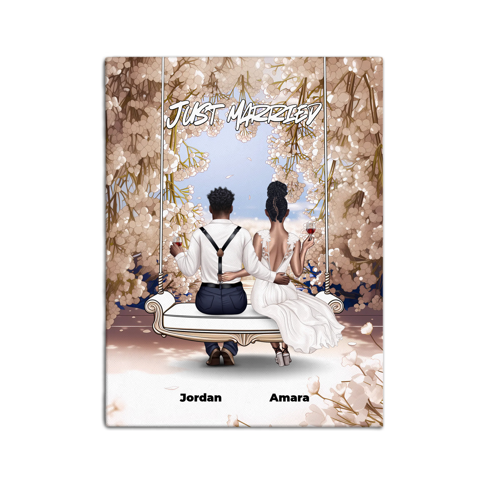 Personalized couple wedding canvas of two people sitting together on a garden swing beneath soft blooming flowers, with a custom romantic quote above them and their names displayed at the bottom — LOVECOUPLET