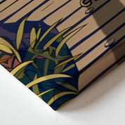 Personalized couple canvas of a man and woman walking a sunset boardwalk, with a wooden signpost showing custom names and date, plus a custom location map and GPS coordinates built into the shore — LOVECOUPLET