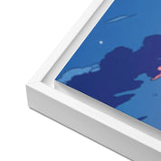 Personalized couple framed canvas of a couple at the shoreline, with a custom city map set into the sky behind the clouds, GPS coordinates, city name, and handwritten names at the bottom — LOVECOUPLET