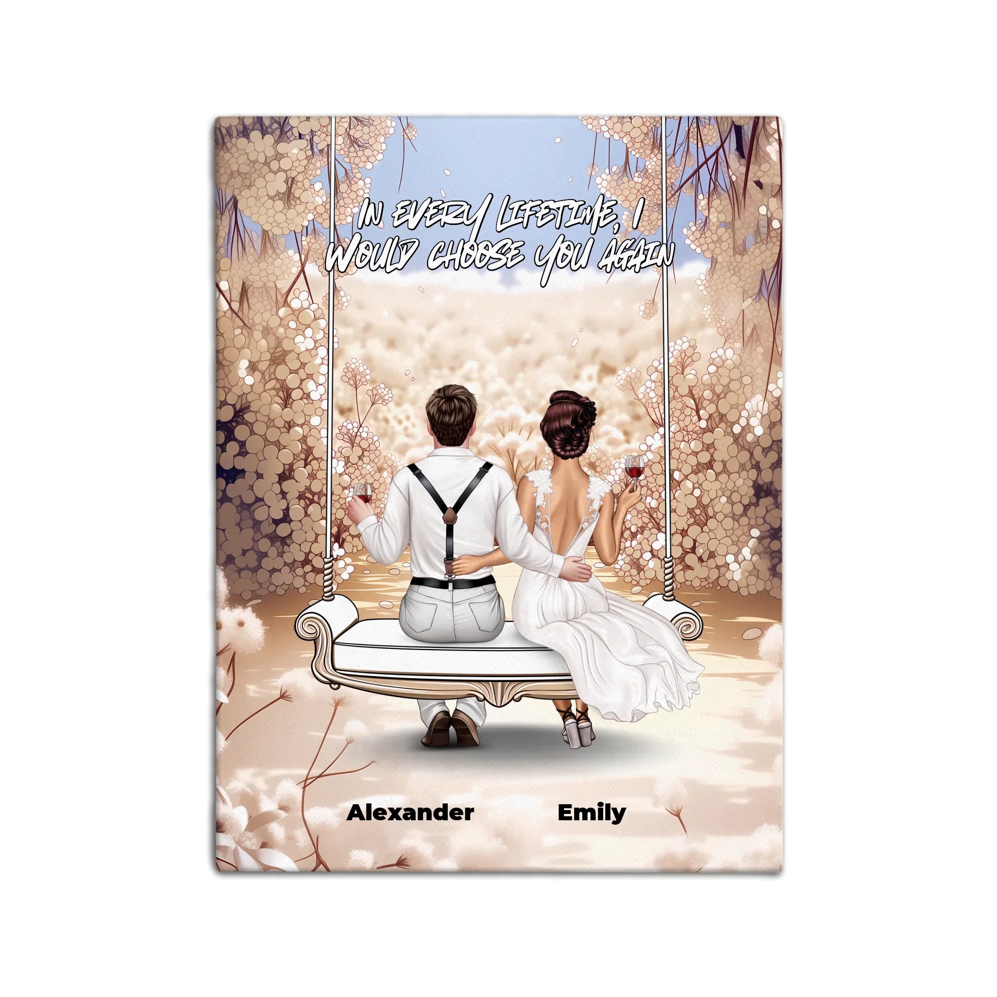 Personalized couple wedding canvas of two people sitting together on a garden swing beneath soft blooming flowers, with a custom romantic quote above them and their names displayed at the bottom — LOVECOUPLET