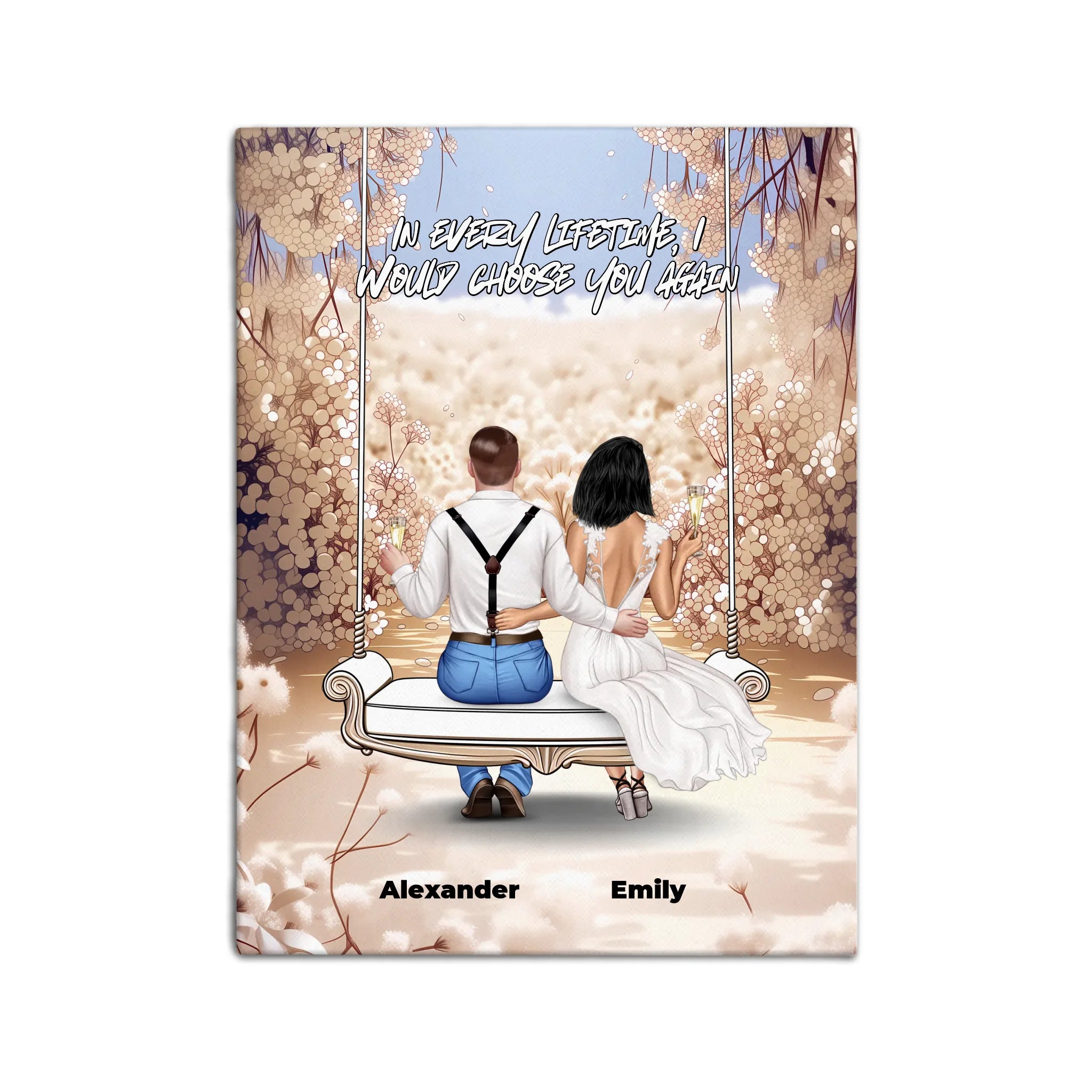 Personalized couple wedding canvas of two people sitting together on a garden swing beneath soft blooming flowers, with a custom romantic quote above them and their names displayed at the bottom — LOVECOUPLET