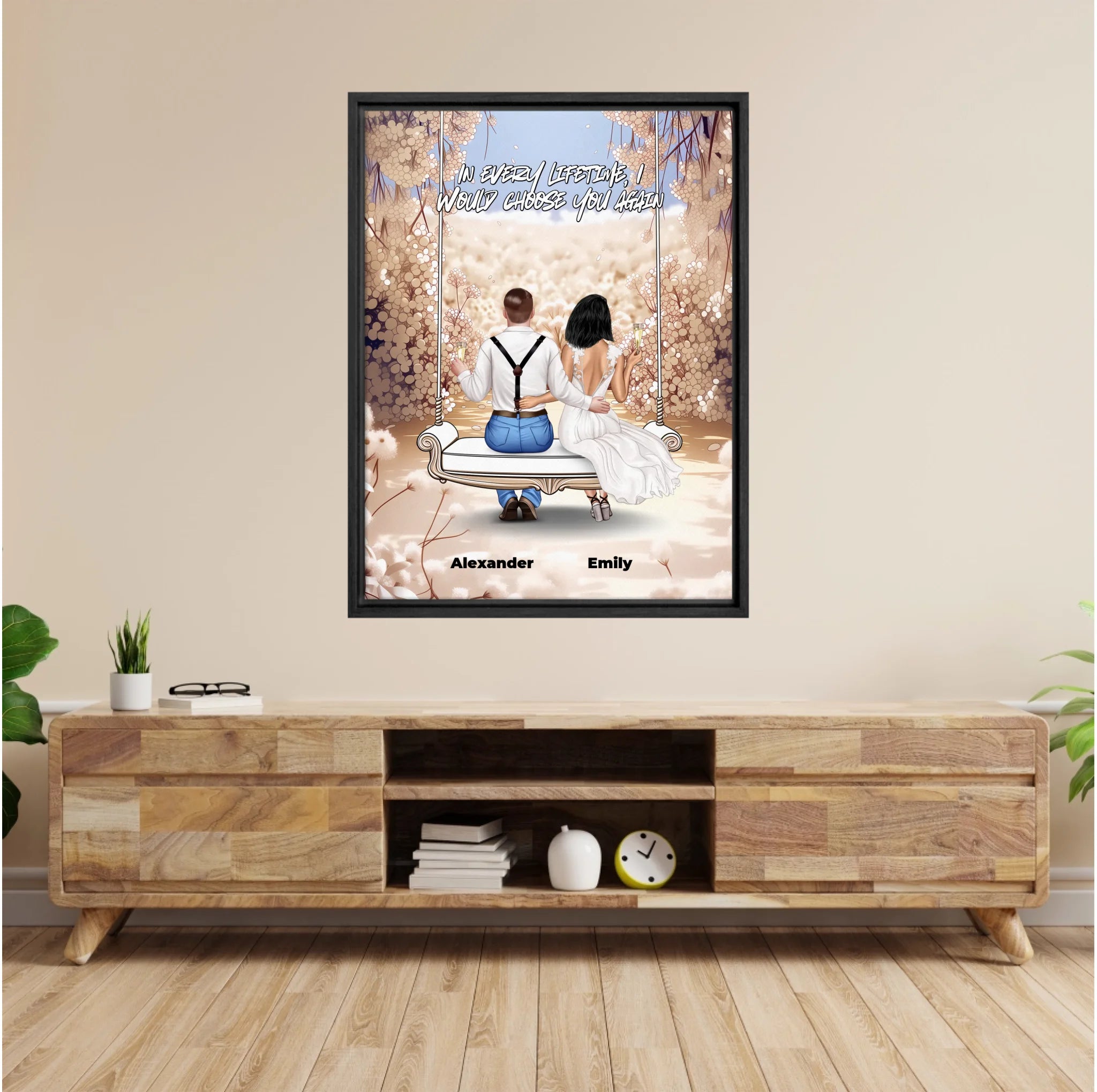 Personalized couple wedding canvas of two people sitting together on a garden swing beneath soft blooming flowers, with a custom romantic quote above them and their names displayed at the bottom — LOVECOUPLET