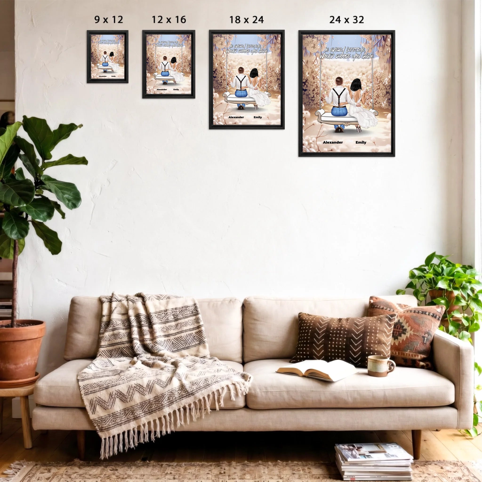 Personalized couple wedding canvas of two people sitting together on a garden swing beneath soft blooming flowers, with a custom romantic quote above them and their names displayed at the bottom — LOVECOUPLET