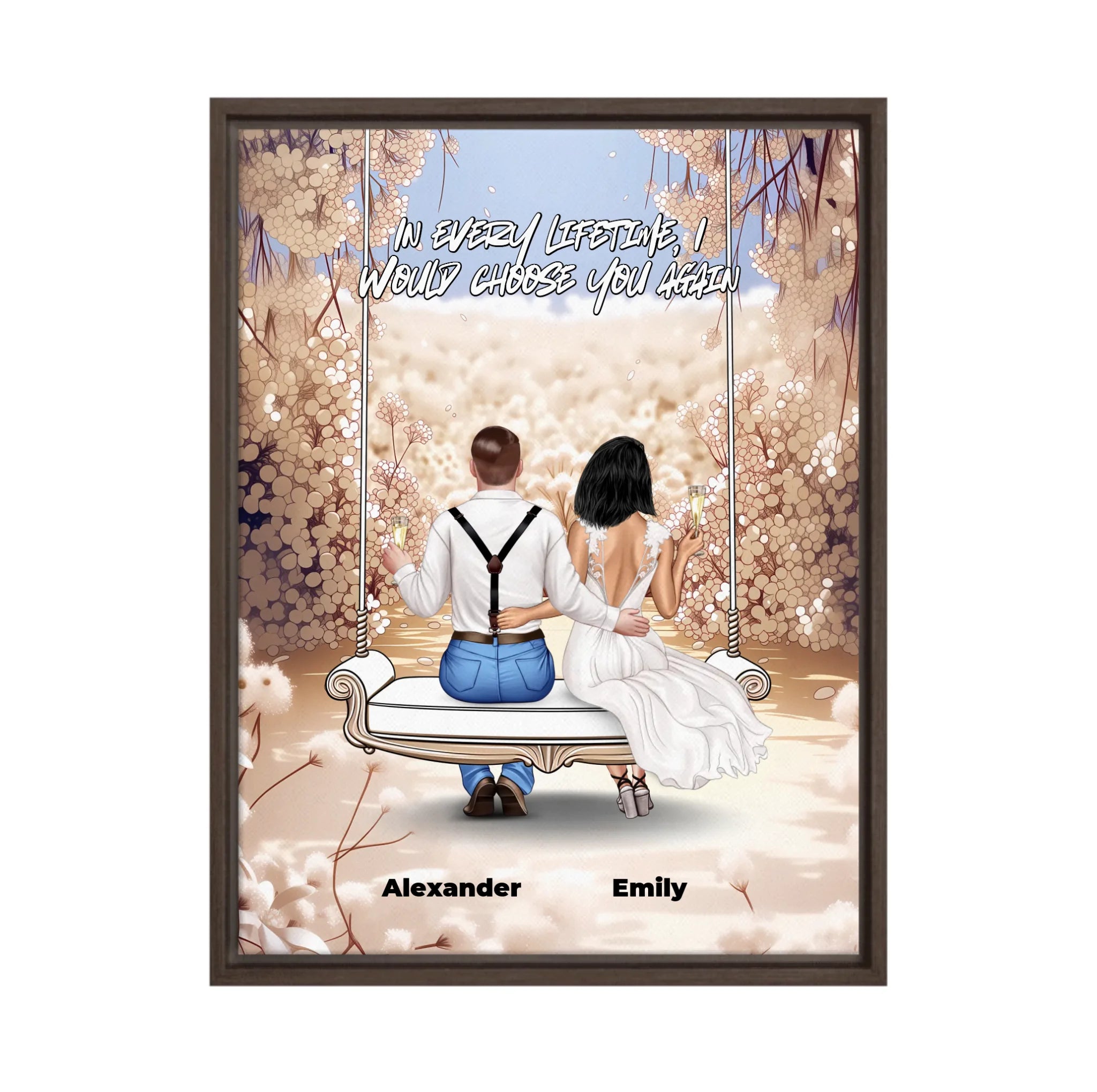 Personalized couple wedding canvas of two people sitting together on a garden swing beneath soft blooming flowers, with a custom romantic quote above them and their names displayed at the bottom — LOVECOUPLET