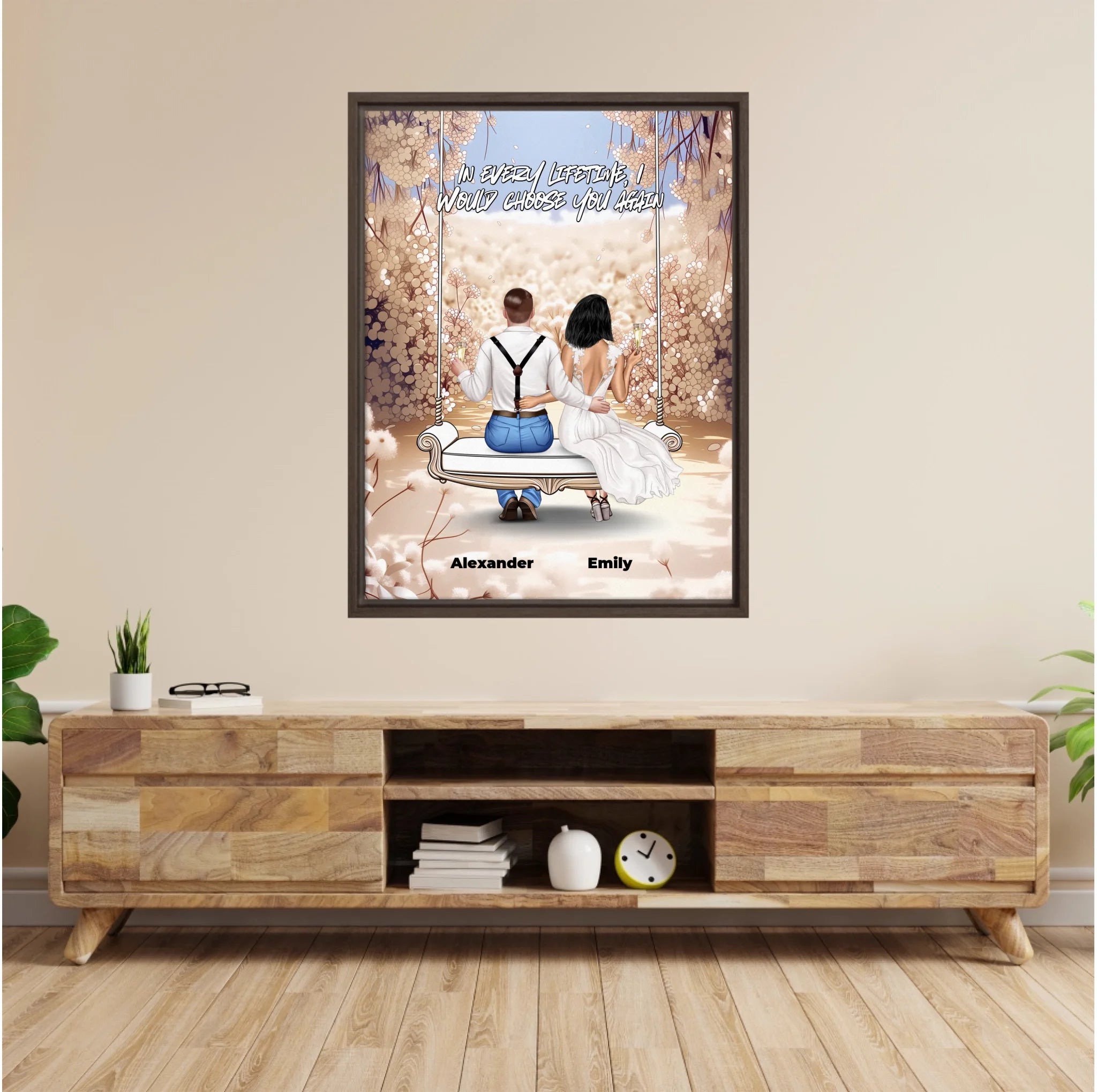 Personalized couple wedding canvas of two people sitting together on a garden swing beneath soft blooming flowers, with a custom romantic quote above them and their names displayed at the bottom — LOVECOUPLET