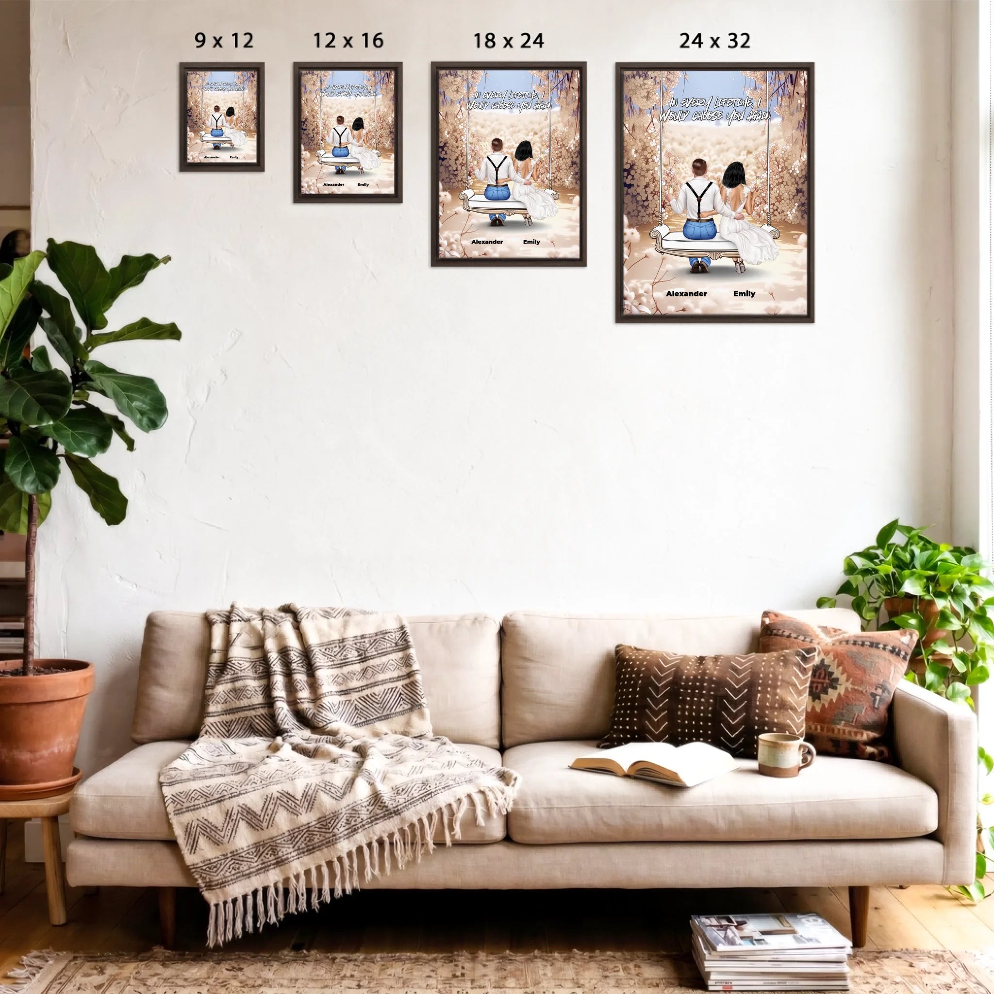 Personalized couple wedding canvas of two people sitting together on a garden swing beneath soft blooming flowers, with a custom romantic quote above them and their names displayed at the bottom — LOVECOUPLET