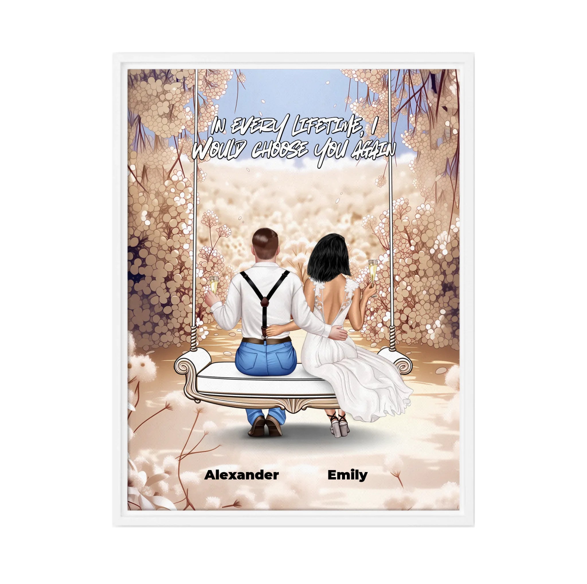 Personalized couple wedding canvas of two people sitting together on a garden swing beneath soft blooming flowers, with a custom romantic quote above them and their names displayed at the bottom — LOVECOUPLET