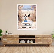 Personalized couple wedding canvas of two people sitting together on a garden swing beneath soft blooming flowers, with a custom romantic quote above them and their names displayed at the bottom — LOVECOUPLET