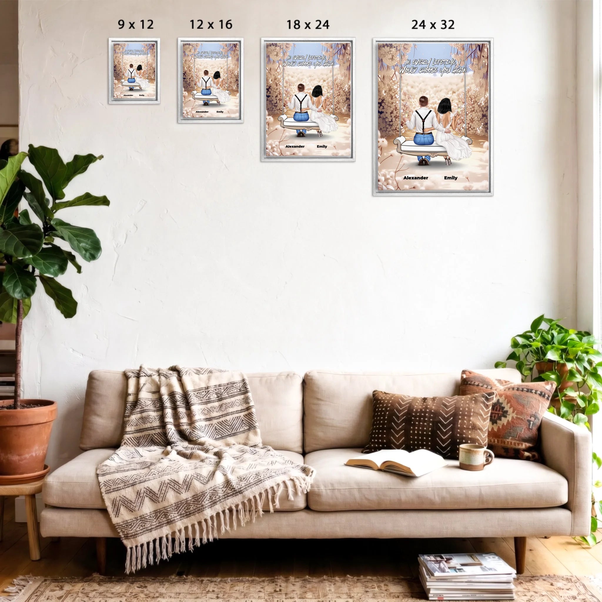 Personalized couple wedding canvas of two people sitting together on a garden swing beneath soft blooming flowers, with a custom romantic quote above them and their names displayed at the bottom — LOVECOUPLET
