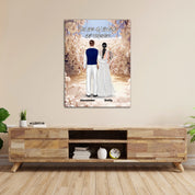Always and Forever personalized wedding couple canvas of two people standing together in a romantic floral garden scene, with a custom quote above them and their names displayed at the bottom — LOVECOUPLET