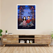 10 Reasons It’s Always Been You personalized couple portrait word search framed canvas of two front-facing people sitting together under string lights by the water, with 10 custom words circled in the grid — LOVECOUPLET