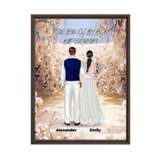 Always and Forever personalized wedding couple framed canvas of two people standing together in a romantic floral garden scene, with a custom quote above them and their names displayed at the bottom — LOVECOUPLET