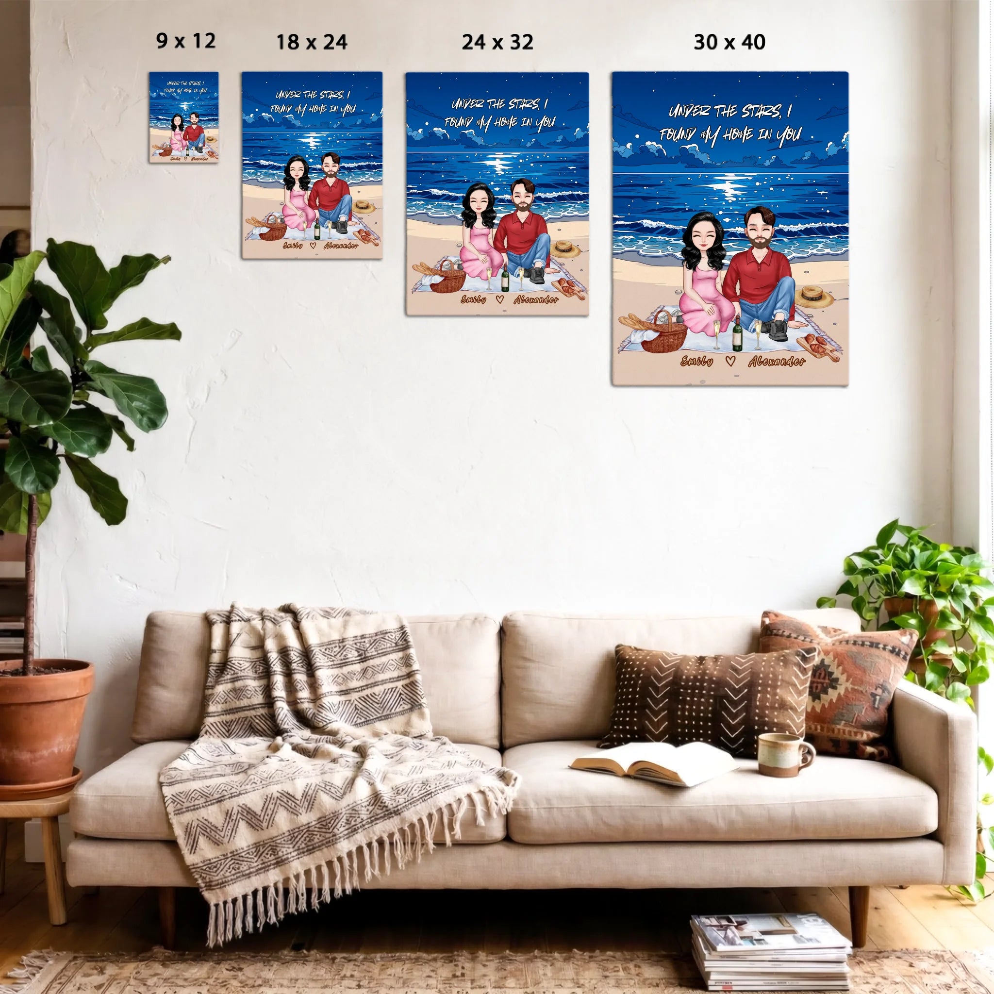 Personalized couple portrait canvas of two front-facing people sitting together on a beach picnic blanket under the stars, with customizable facial features, adult and senior couple options — LOVECOUPLET