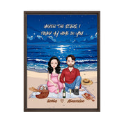 Personalized couple portrait framed canvas of two front-facing people sitting together on a beach picnic blanket under the stars, with customizable facial features, adult and senior couple options — LOVECOUPLET