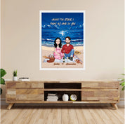 Personalized couple portrait framed canvas of two front-facing people sitting together on a beach picnic blanket under the stars, with customizable facial features, adult and senior couple options — LOVECOUPLET