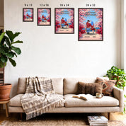 Personalized couple framed canvas of two people sitting together on a bench beneath blooming pink spring flowers, with a custom romantic quote above them and their names displayed at the bottom — LOVECOUPLET