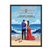 Personalized couple framed canvas of a couple at the shoreline, with a custom city map set into the sky behind the clouds, GPS coordinates, city name, and handwritten names at the bottom — LOVECOUPLET