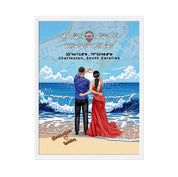 Personalized couple framed canvas of a couple at the shoreline, with a custom city map set into the sky behind the clouds, GPS coordinates, city name, and handwritten names at the bottom — LOVECOUPLET