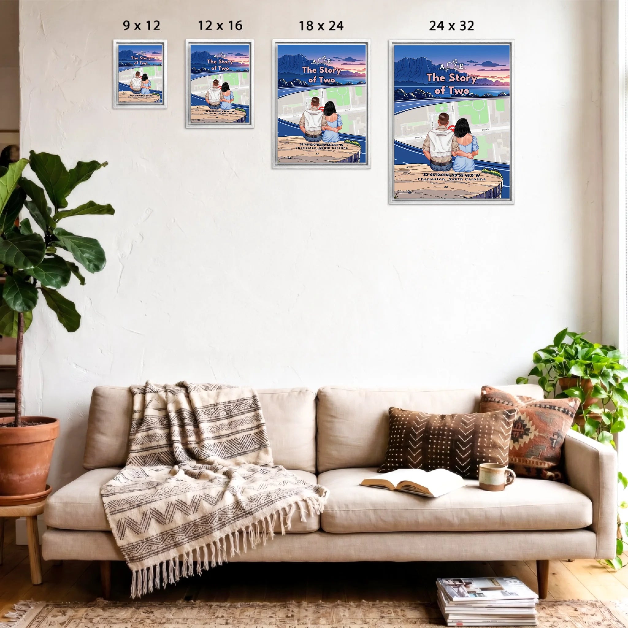 Personalized couple Framed canvas of a couple sitting at a cliff edge overlooking a custom city street map at sunset, with a heartbeat monogram of their initials, GPS coordinates, and city name — LOVECOUPLET