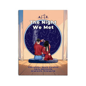 Personalized couple star map canvas of two people sitting together by a window under the night sky, with a custom star map based on their location, date and time, plus optional location name, date and GPS coordinates — LOVECOUPLET