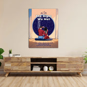 Personalized couple star map canvas of two people sitting together by a window under the night sky, with a custom star map based on their location, date and time, plus optional location name, date and GPS coordinates — LOVECOUPLET