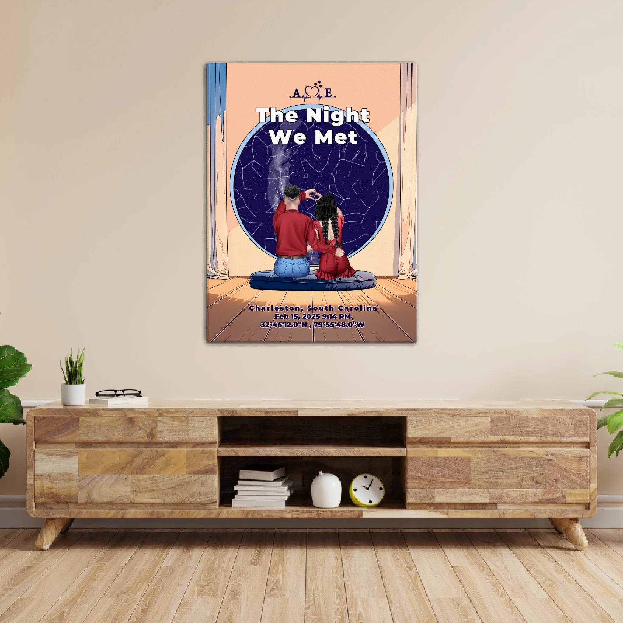 Personalized couple star map canvas of two people sitting together by a window under the night sky, with a custom star map based on their location, date and time, plus optional location name, date and GPS coordinates — LOVECOUPLET