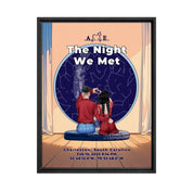 Personalized couple star map framed canvas of two people sitting together by a window under the night sky, with a custom star map based on their location, date and time, plus optional location name, date and GPS coordinates — LOVECOUPLET