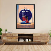 Personalized couple star map framed canvas of two people sitting together by a window under the night sky, with a custom star map based on their location, date and time, plus optional location name, date and GPS coordinates — LOVECOUPLET