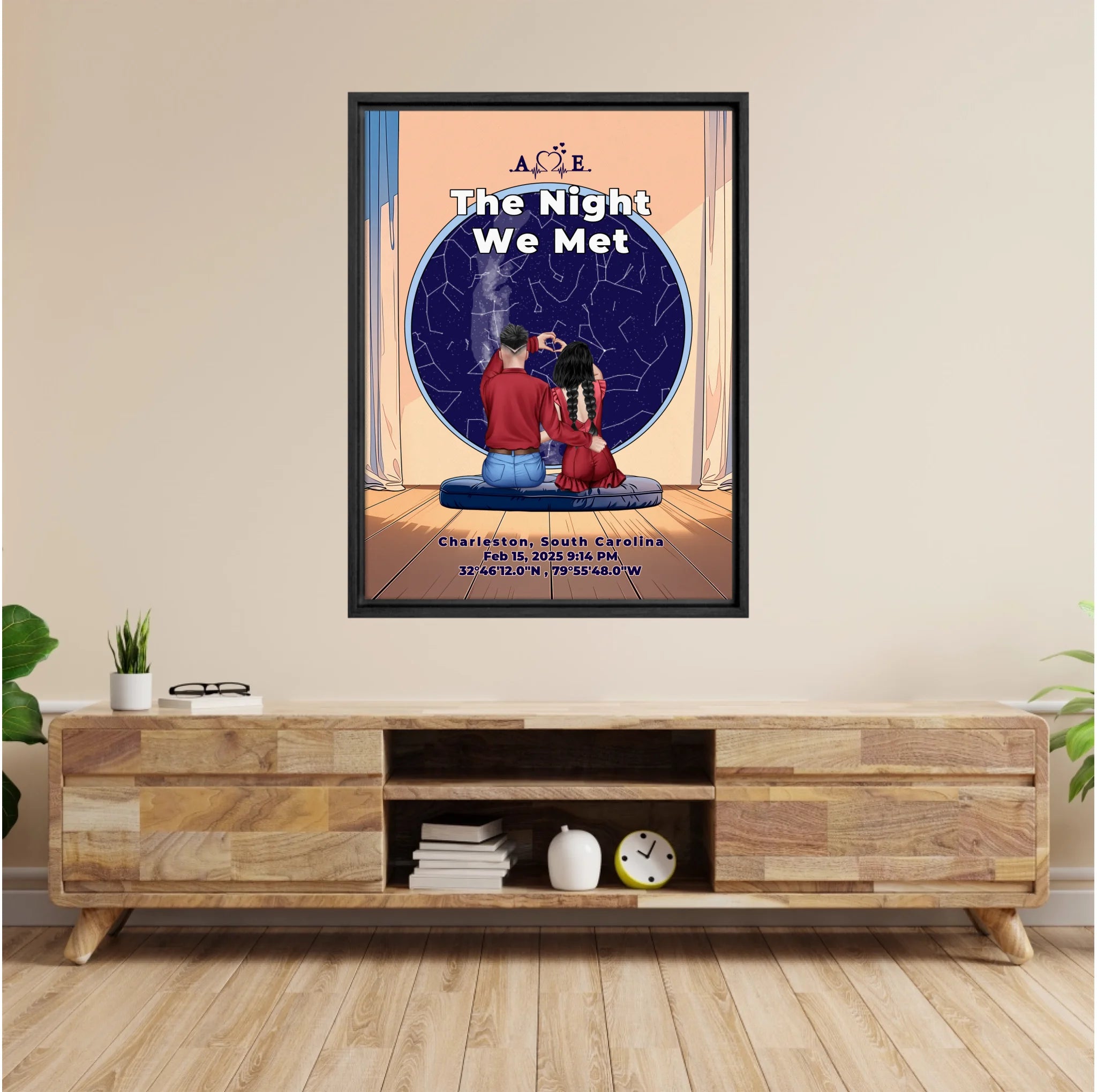 Personalized couple star map framed canvas of two people sitting together by a window under the night sky, with a custom star map based on their location, date and time, plus optional location name, date and GPS coordinates — LOVECOUPLET