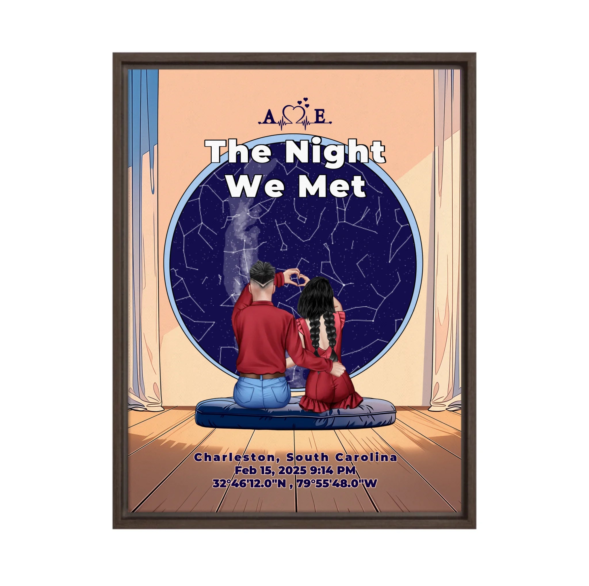Personalized couple star map framed canvas of two people sitting together by a window under the night sky, with a custom star map based on their location, date and time, plus optional location name, date and GPS coordinates — LOVECOUPLET