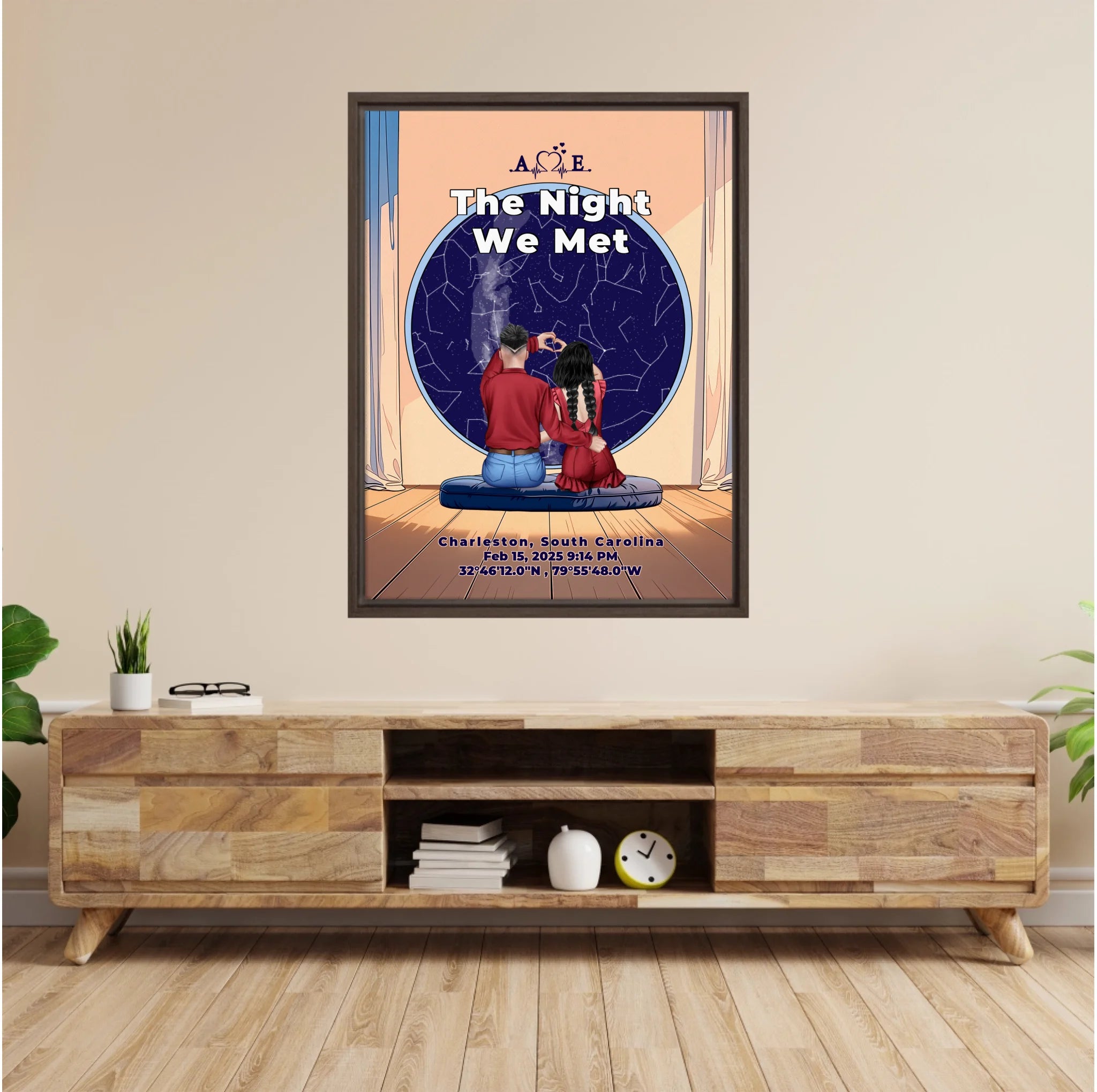 Personalized couple star map framed canvas of two people sitting together by a window under the night sky, with a custom star map based on their location, date and time, plus optional location name, date and GPS coordinates — LOVECOUPLET