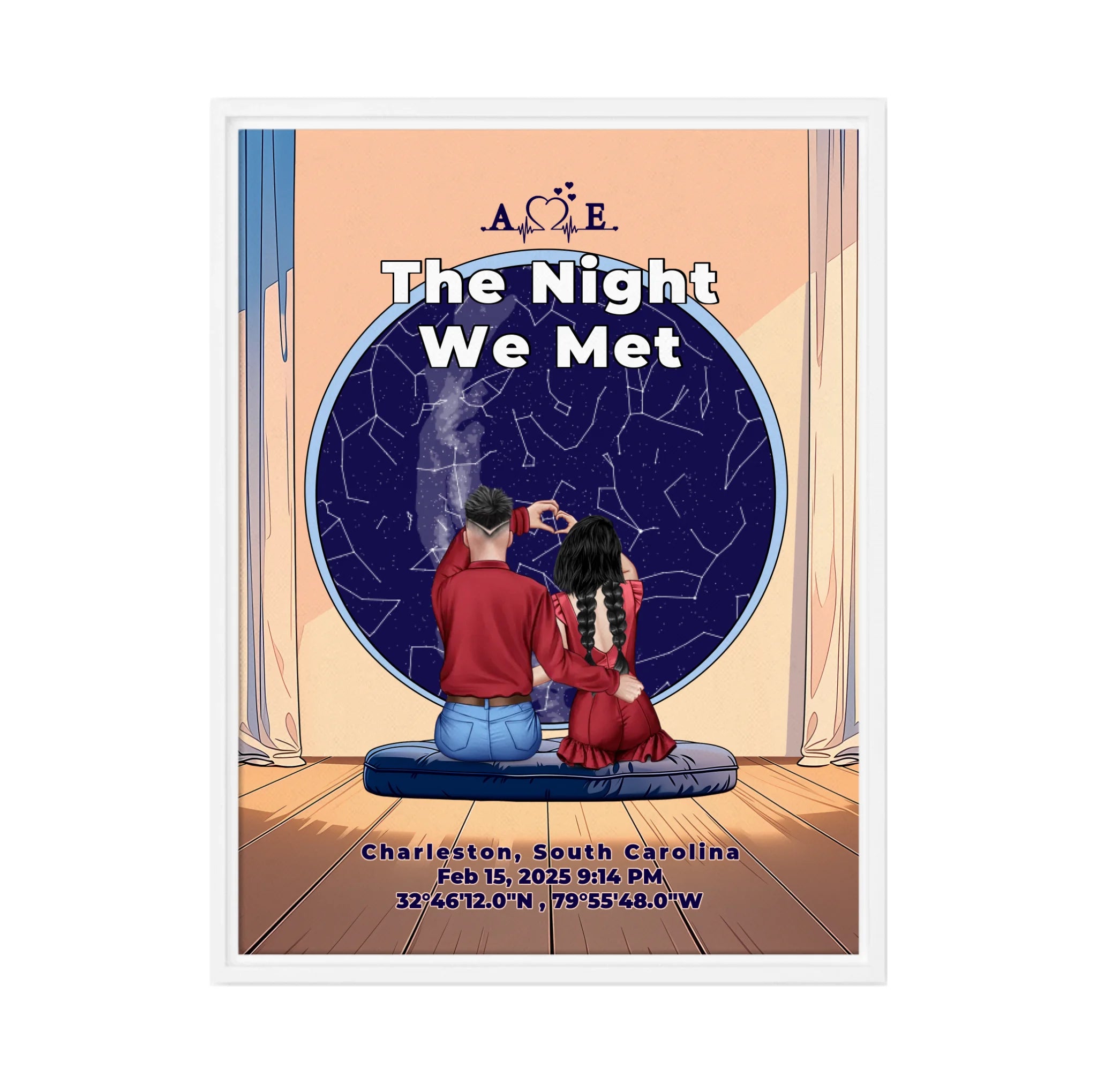 Personalized couple star map framed canvas of two people sitting together by a window under the night sky, with a custom star map based on their location, date and time, plus optional location name, date and GPS coordinates — LOVECOUPLET