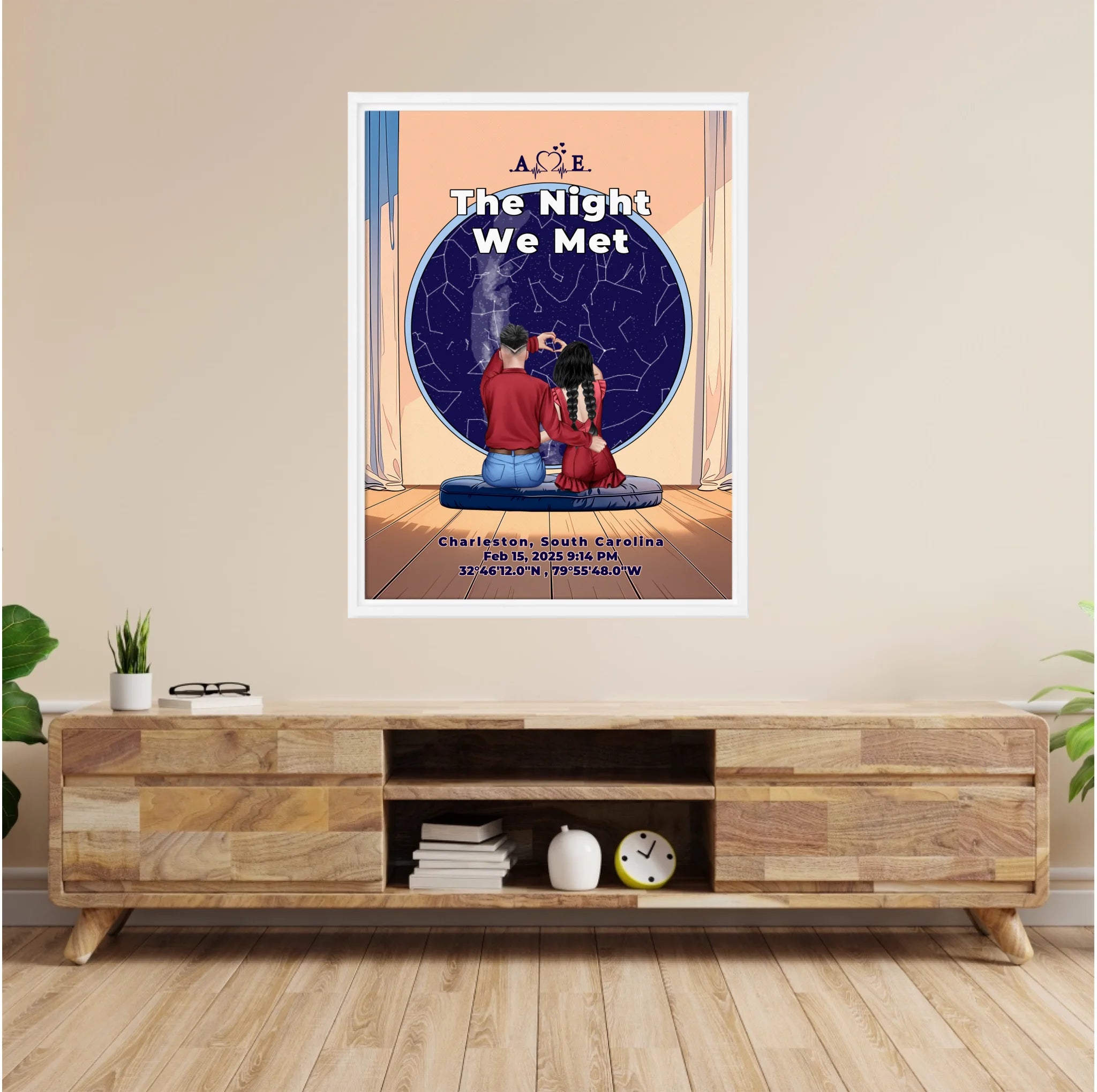 Personalized couple star map framed canvas of two people sitting together by a window under the night sky, with a custom star map based on their location, date and time, plus optional location name, date and GPS coordinates — LOVECOUPLET
