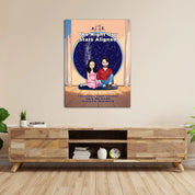 Personalized couple portrait canvas of two front-facing people sitting together indoors beneath a custom star map, with customizable facial features, adult and senior couple options, and optional location name, date, and GPS coordinates — LOVECOUPLET